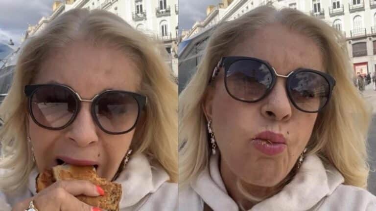 Surrealista reacción de Bárbara Rey: celebra la boda de su hijo, Ángel Cristo, comiéndose una empanada en el centro de Madrid