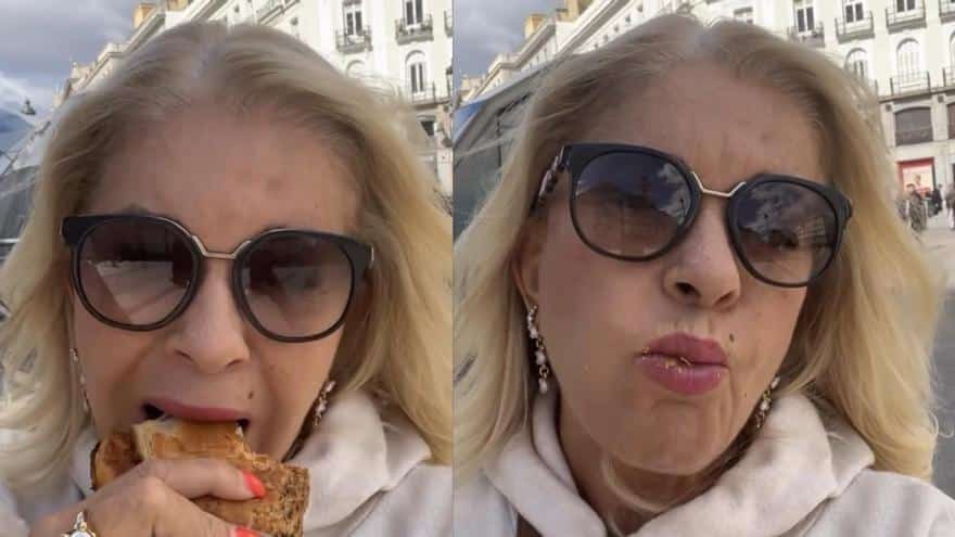 Surrealista reacción de Bárbara Rey: celebra la boda de su hijo, Ángel Cristo, comiéndose una empanada en el centro de Madrid