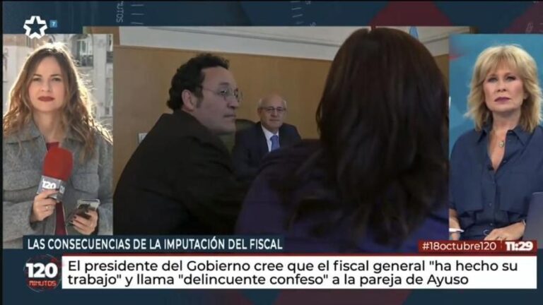 Momento delicado de una reportera de María Rey en Telemadrid en pleno directo del fiscal general del Estado: dificultades para hablar