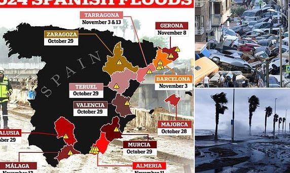 Impactante mapa de inundaciones en España muestra regiones golpeadas por dos semanas de...